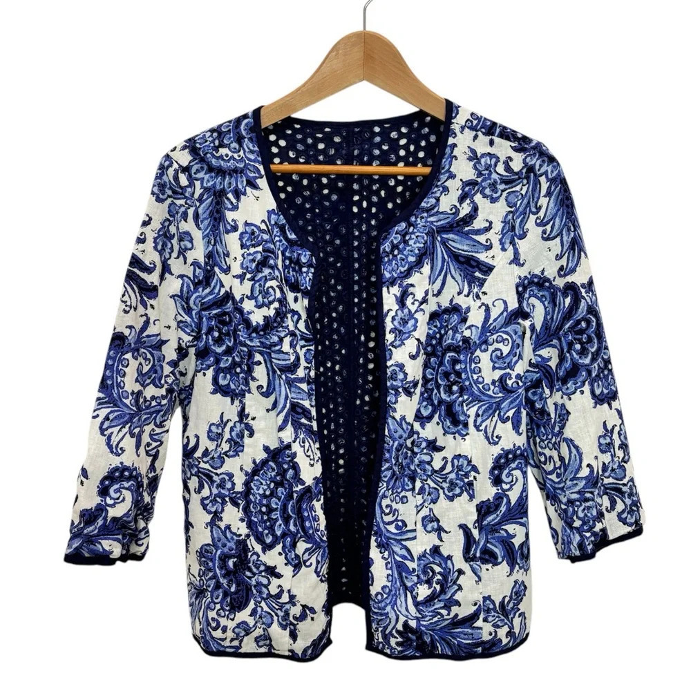 Coldwater Creek Reversible Linen Cotton Jacket Navy Blue Eyelet Coastal 14 NEW